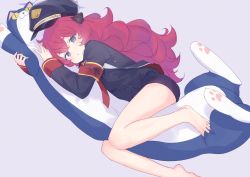 Rule 34 | 1girl, armband, barefoot, black shirt, blue archive, grey background, halo, hat, highres, iroha (blue archive), jacket, kyuuri (miyako), looking at viewer, lying, military, military hat, military uniform, necktie, hugging object, red hair, red necktie, safety pin, shirt, simple background, solo, stuffed animal, stuffed cat, stuffed toy, uniform