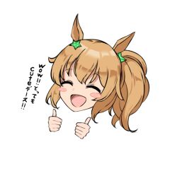 Rule 34 | 1girl, animal ears, blush stickers, brown hair, closed eyes, commentary request, hair ornament, horse ears, horse girl, medium hair, open mouth, ponytail, simple background, smile, solo, star (symbol), star hair ornament, taiki shuttle (umamusume), thumbs up, translation request, umamusume, upper body, white background, zagashira