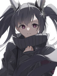 Rule 34 | 1girl, absurdres, animal ear fluff, animal ears, arknights, black hair, black jacket, black sweater, closed mouth, hair between eyes, hand up, highres, jacket, long hair, long sleeves, looking at viewer, monch (arknights), motoha, puffy long sleeves, puffy sleeves, purple eyes, ribbed sweater, signature, simple background, sleeves past wrists, solo, sweater, turtleneck, turtleneck sweater, twintails, upper body, very long hair, white background
