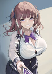 Rule 34 | 1girl, black ribbon, black skirt, black vest, blue eyes, blush, bow, breasts, brown hair, button gap, cleavage, collared shirt, commentary request, dress shirt, grin, hair ribbon, half-closed eyes, highres, large breasts, looking at viewer, mole, mole under eye, natsuki karin, pleated skirt, purple bow, ribbon, shirt, skirt, smile, solo, twintails, vest, voiceroid, white shirt, yappen