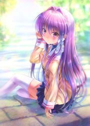 Rule 34 | 1girl, blue skirt, blue sweater, blurry, blurry background, blush, bow, breasts, clannad, closed mouth, day, from behind, fujibayashi kyou, goto p, hair between eyes, hair bow, hair intakes, hair ornament, hair ribbon, hand on own face, highres, long hair, looking at viewer, looking back, miniskirt, outdoors, pleated skirt, profile, purple eyes, purple hair, ribbon, sailor collar, school uniform, serafuku, sitting, skirt, small breasts, smile, solo, striped, sweater, thighhighs, very long hair, white sailor collar, white thighhighs