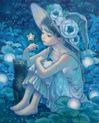 Rule 34 | 1girl, barefoot, black cat, blue theme, cat, commentary request, dress, floating, floating object, flower, full body, grass, grey eyes, grey hair, hat, hat flower, highres, leaf, long hair, nature, oil painting (medium), original, outdoors, painting (medium), parted lips, revision, ringodrawing, sitting, sleeveless, sleeveless dress, solo, star (symbol), traditional media, white dress, witch hat