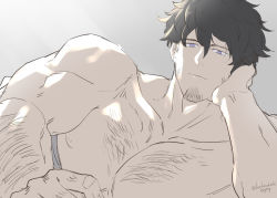 Rule 34 | 1boy, arm hair, arm support, blue eyes, brown hair, chest hair, facial hair, gradient background, kanzaki kaito, kanzaki kyoudai no nichijou, locksuke, looking at viewer, male focus, morning, muscular, muscular male, nipples, on bed, pillow, pov, pov across bed, topless male, under covers