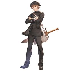 Rule 34 | 1boy, bag, belt buckle, black footwear, black hat, black jacket, brown eyes, brown hair, buckle, buttons, cabbie hat, closed mouth, crossed arms, emblem, full body, gran (granblue fantasy), granblue fantasy, hat, jacket, looking at viewer, male focus, mouth hold, official alternate costume, official art, school bag, school uniform, shirt, shoulder bag, smile, solo, stalk in mouth, sword, transparent background, weapon, white shirt