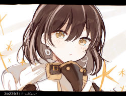 Rule 34 | 1girl, :o, arknights, blush, brown hair, coat, dated, earrings, figmnts, hair between eyes, hoop earrings, jewelry, letterboxed, magallan (arknights), mask, mask around neck, parted lips, portrait, short hair, solo, white background, white coat, yellow eyes