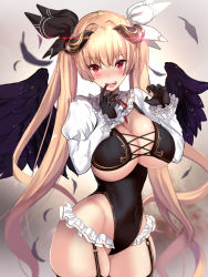 Rule 34 | 1girl, :d, angel, angel wings, black gloves, black leotard, black thighhighs, black wings, blonde hair, blush, breasts, commentary request, fallen angel, fallen angel (untsue), feathers, frills, garter straps, gloves, glowing, hair ribbon, highres, horns, large breasts, leotard, long hair, looking at viewer, mole, mole on breast, open mouth, original, red eyes, ribbon, shrug (clothing), simple background, smile, solo, thighhighs, thighs, twintails, untue, very long hair, white background, white ribbon, wings