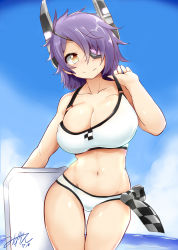 Rule 34 | 10s, 1girl, bikini, breasts, cleavage, cloud, cowboy shot, dated, day, eyepatch, female focus, gradient background, headgear, highres, hip focus, kantai collection, large breasts, looking at viewer, looking to the side, mizuyan, nael, navel, short hair, signature, sky, smile, solo, strap pull, swimsuit, tenryuu (kancolle), white bikini, yellow eyes