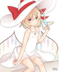 Rule 34 | 1girl, bare arms, bare shoulders, blonde hair, blush, bow, closed mouth, collarbone, commentary request, coreytaiyo, crystal, dated, dress, flandre scarlet, food, hair between eyes, hair bow, hand up, hat, hat bow, highres, holding, holding food, long hair, popsicle, red bow, red eyes, signature, simple background, sitting, sleeveless, sleeveless dress, solo, sun hat, sweat, touhou, v-shaped eyebrows, white background, white dress, white hat, wings