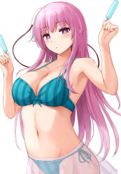 Rule 34 | 1girl, absurdres, aqua bikini, bare arms, bare shoulders, bikini, blush, breasts, cleavage, collarbone, food, groin, hata no kokoro, highres, holding, holding food, large breasts, long hair, mask, mask on head, navel, parted lips, pink eyes, pink hair, popsicle, simple background, solo, striped bikini, striped clothes, swimsuit, techi (techi35499), touhou, upper body, vertical-striped bikini, vertical-striped clothes, white background