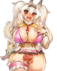 Rule 34 | 1girl, @ @, absurdres, alvis (last origin), bra, breasts, character request, dress, female focus, head tilt, highres, huge breasts, larribee, last origin, looking at viewer, no panties, pink bra, red eyes, smile, solo, standing, thick thighs, thighs, twintails, underwear, white background, white dress, white hair, wide hips