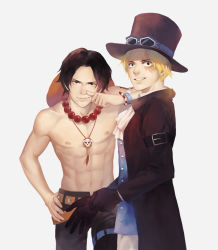 Rule 34 | 2boys, abs, black gloves, blonde hair, bracelet, brothers, brown hair, coat, ascot, freckles, gloves, goggles, goggles on headwear, hat, jewelry, male focus, multiple boys, necklace, one piece, portgas d. ace, sabo (one piece), scar, topless male, siblings, stampede string, tattoo, thigh strap, top hat