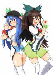 Rule 34 | 2girls, absurdres, ass, black hair, blue hair, bodysuit, boots, breasts, clenched hand, female focus, hat, highres, hinanawi tenshi, large breasts, leotard, long hair, looking back, mikagami sou, multiple girls, ponytail, red eyes, reiuji utsuho, ribbon, simple background, smile, thigh boots, thighhighs, touhou, white background, wings