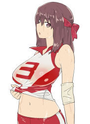 Rule 34 | 1girl, absurdres, breasts, brown eyes, brown hair, clothes lift, commentary, elbow pads, girls und panzer, headband, highres, kondou taeko, large breasts, lifting own clothes, looking at viewer, medium hair, navel, onsen tamago (hs egg), open mouth, red headband, red shirt, red shorts, shirt, shirt lift, short shorts, shorts, simple background, single vertical stripe, sleeveless, sleeveless shirt, solo, sportswear, standing, sweat, symbol-only commentary, volleyball uniform, wet, wet clothes, wet shirt, white background