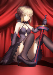 Rule 34 | 1girl, artoria pendragon (all), artoria pendragon (fate), black thighhighs, blonde hair, breasts, cleavage, elbow gloves, excalibur morgan (fate), fate/grand order, fate/stay night, fate (series), gloves, gothic lolita, highres, lolita fashion, saber (fate), saber alter, solo, thighhighs, xiaosan ye, yellow eyes