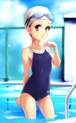 Rule 34 | 1girl, brown eyes, brown hair, chain-link fence, competition school swimsuit, competition swimsuit, fence, goggles, highres, norizou type-r, one-piece swimsuit, original, pool, pool ladder, school swimsuit, solo, standing, swim cap, swimsuit, wet
