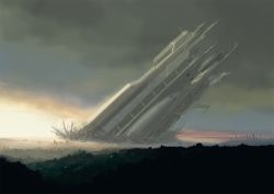 Rule 34 | cloud, cloudy sky, commentary request, erio patrol, horizon, no humans, original, outdoors, ruins, scenery, science fiction, sky, spacecraft, wreckage