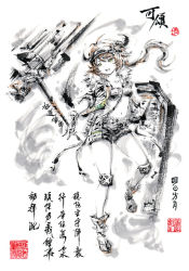 Rule 34 | 1girl, arknights, bandeau, chinese text, cow horns, croissant (arknights), fur-trimmed jacket, fur trim, gloves, green eyes, hammer, holding, holding hammer, holding shield, horns, ink wash painting, jacket, jidao huashi, knee pads, long hair, navel, open clothes, open jacket, open mouth, orange hair, shield, shoes, shorts, solo, spot color, stomach