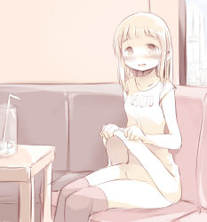 Rule 34 | 1girl, black thighhighs, blush, breasts, brown eyes, brown hair, chair, clothes lift, clothes writing, collarbone, cup, dress, dress lift, drink, drinking glass, drinking straw, embarrassed, highres, ice, ice cube, kamome shop, long hair, looking at viewer, no panties, open mouth, restaurant, short sleeves, sitting, small breasts, table, thighhighs, white dress, window