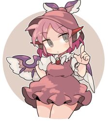 Rule 34 | 1girl, animal ears, bird ears, bird wings, blush, brown dress, brown hat, closed mouth, collared shirt, cowboy shot, cropped legs, dress, earrings, frilled dress, frills, grey eyes, hat, ini (inunabe00), jewelry, mystia lorelei, pink hair, shirt, short hair, short sleeves, single earring, solo, touhou, white shirt, white wings, winged hat, wings