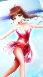 Rule 34 | 1girl, breasts, brown eyes, brown hair, choker, cleavage, closed mouth, collarbone, doukyuusei, doukyuusei another world, dress, figure skating, figure skating dress, floating hair, game cg, gradient dress, large breasts, long hair, looking at viewer, pink dress, pleated dress, ponytail, red choker, red dress, short dress, smile, sparkle, strapless, strapless dress, tanaka misa
