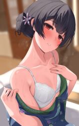 Rule 34 | 1girl, absurdres, black hair, blurry, blurry background, blush, bra, breasts, collarbone, couch, hair bun, head tilt, highres, idolmaster, idolmaster shiny colors, indoors, japanese clothes, kimono, kimono pull, looking at viewer, morino rinze, on couch, pyonsan, red eyes, single side bun, sitting, small breasts, solo, steam, sweat, underwear, undressing, white bra
