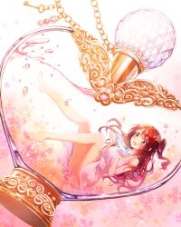 Rule 34 | 10s, 1girl, :d, air bubble, bare legs, barefoot, beads, blush, bottle, bubble, chain, crown, dress, dutch angle, flower, gem, glass slipper, hair ornament, half updo, heart, idolmaster, idolmaster cinderella girls, in bottle, in container, key, long hair, mini person, minigirl, one side up, open mouth, oversized object, perfume bottle, pink dress, red eyes, red hair, revision, serino itsuki, shimamura uzuki, shoes, unworn shoes, side ponytail, smile, solo, sparkle, underwater, upskirt