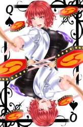 Rule 34 | 1girl, black shirt, blouse, breasts, card, card (medium), drum, drum set, drumsticks, highres, horikawa raiko, instrument, large breasts, multiple views, necktie, open clothes, open mouth, open shirt, patterned clothing, playing card, pointing, polo shirt, red eyes, red hair, shirt, spade (shape), touhou, white shirt, yoiti
