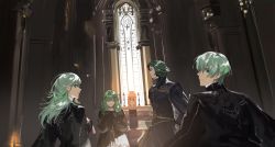Rule 34 | 2boys, 2girls, beard, black cape, black gloves, black robe, breasts, brother and sister, byleth (female) (fire emblem), byleth (fire emblem), byleth (male) (fire emblem), candlestand, cape, circlet, closed mouth, color connection, counter, day, drill hair, facial hair, facing viewer, fire emblem, fire emblem: three houses, flayn (fire emblem), frown, gloves, green eyes, green hair, hair color connection, hair ornament, hairband, hands up, highres, indoors, long hair, long sleeves, looking at viewer, looking away, looking back, matoba (ga6life), mature male, multiple boys, multiple girls, nintendo, open mouth, profile, puffy long sleeves, puffy sleeves, robe, seteth (fire emblem), short hair, siblings, sideways glance, smile, twin drills, upper body, window
