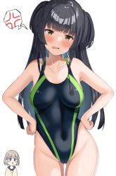 Rule 34 | 2girls, absurdres, anger vein, black hair, blush, breasts, brown eyes, competition swimsuit, cowboy shot, hands on own hips, highleg, highleg swimsuit, highres, idolmaster, idolmaster shiny colors, mayuzumi fuyuko, medium breasts, multiple girls, one-piece swimsuit, paid reward available, paid reward available, simple background, swimsuit, wanimaru, white background