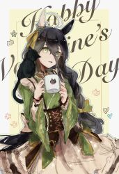 Rule 34 | 1girl, animal, animal ears, animal on shoulder, apron, az (azkin g), black hair, braid, braided ponytail, cat, cat on shoulder, commentary, cup, green kimono, hair between eyes, happy valentine, highres, holding, holding cup, horse ears, horse girl, horse tail, japanese clothes, kimono, long hair, long sleeves, looking at viewer, manhattan cafe (umamusume), manhattan cafe (verdant night) (umamusume), multicolored hair, open mouth, shirt, single braid, solo, streaked hair, symbol-only commentary, tail, umamusume, upper body, waist apron, white shirt, wide sleeves, yellow eyes
