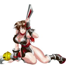 Rule 34 | 1girl, bell, breasts, brown hair, cleavage, defeat, hand fan, fatal fury, female focus, gloves, highres, kof: maximum impact, large breasts, ninja, shiranui mai, short hair, snk, the king of fighters