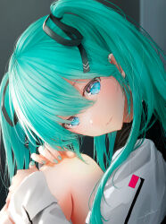 Rule 34 | 1girl, aqua hair, aqua nails, black ribbon, blue eyes, blurry, blurry background, commentary, commentary request, hair between eyes, hair ribbon, hand on own knee, hatsune miku, head tilt, highres, hugging own legs, long hair, looking at viewer, ojay tkym, revision, ribbon, signature, solo, symbol-only commentary, twintails, vocaloid