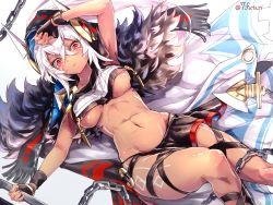 Rule 34 | &gt;:(, 1girl, arm up, armpits, azur lane, bad id, bad pixiv id, black gloves, black skirt, blush, breasts, cape, chain, closed mouth, commentary request, crop top, crop top overhang, crossed bangs, dark-skinned female, dark skin, dutch angle, facial mark, feet out of frame, fingerless gloves, flail, fur-trimmed cape, fur trim, gloves, hair between eyes, hair ornament, hand on own head, holding, holding weapon, long hair, medium breasts, miniskirt, minneapolis (azur lane), nafutari, native american, navel, o-ring, ponytail, red eyes, revealing clothes, skirt, solo, stomach, tattoo, thigh strap, twitter username, underboob, v-shaped eyebrows, weapon, white hair