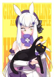 Rule 34 | 1girl, animal, animal ears, bare shoulders, black cat, breasts, cat, character name, commentary request, copyright name, dress, frilled dress, frills, girls&#039; frontline, green eyes, hair ornament, hat, highres, hk416 (girls&#039; frontline), hk416 (herbal-flavored hard candy) (girls&#039; frontline), holding, holding animal, holding cat, korean commentary, large breasts, long hair, looking down, official alternate costume, pinkboy, rabbit ears, sidelocks, solo, upper body, very long hair, white dress, white hair, yellow background