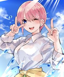Rule 34 | 1girl, :d, blue eyes, blue sky, blush, breasts, clothes around waist, cloud, collared shirt, commentary request, double v, eyebrows hidden by hair, eyelashes, go-toubun no hanayome, hair between eyes, hands up, happy, highres, large breasts, light rays, long sleeves, looking at viewer, mame1645, nakano ichika, one eye closed, open mouth, pink hair, round teeth, shirt, short hair, sky, smile, solo, teeth, upper body, upper teeth only, v, water, white shirt