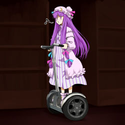 Rule 34 | 1girl, bad id, bad pixiv id, bookshelf, bow, crescent, dress, female focus, hair bow, hat, hop-step-jump, long hair, musical note, o3o, patchouli knowledge, purple eyes, purple hair, riding, segway, solo, touhou, whistling