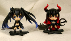 Rule 34 | 10s, 2girls, bikini, bikini top only, black gold saw, black hair, black rock shooter, black rock shooter (character), blue eyes, boots, chibi, coat, demon girl, figure, gradient hair, horns, king saw, knee boots, long hair, lowres, midriff, multicolored hair, multiple girls, photo (medium), red eyes, shorts, star (symbol), swimsuit, sword, twintails, very long hair, weapon