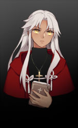 Rule 34 | 1boy, amakusa shirou (fate), amakusa shirou (third ascension) (fate), bible (object), black background, closed mouth, cross, cross necklace, dark-skinned male, dark skin, fate/grand order, fate (series), gradient background, habit, holding, jewelry, kangetsu (fhalei), latin cross, long hair, male focus, necklace, parted bangs, robe, solo, upper body, white hair, yellow eyes
