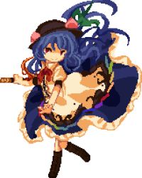 Rule 34 | black headwear, blue hair, bow, bowtie, closed mouth, food, fruit, full body, hinanawi tenshi, holding, holding sword, holding weapon, leaf, long hair, looking at viewer, peach, pixel art, red bow, red bowtie, red eyes, rrrssr, shirt, short sleeves, simple background, smile, sword, sword of hisou, transparent background, weapon, white background, white shirt