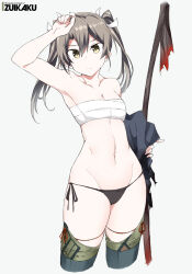 Rule 34 | 1girl, bow (weapon), character name, closed mouth, collarbone, cropped legs, green eyes, grey background, grey hair, groin, hair between eyes, hair ribbon, holding, holding bow (weapon), holding weapon, kantai collection, long hair, looking at viewer, navel, ribbon, sarashi, shigino sohuzi, simple background, solo, torn clothes, twintails, weapon, white ribbon, zuikaku (kancolle)