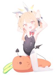 Rule 34 | 1girl, absurdres, aimpoleume, animal ears, armpits, black horns, black leotard, black tail, black wings, blonde hair, blue archive, blush, bow, bowtie, breasts, covered navel, demon horns, demon tail, demon wings, detached collar, fake animal ears, fang, halo, highres, horns, ibuki (blue archive), kneeling, leotard, long hair, looking at viewer, open mouth, pantyhose, rabbit ears, red bow, red bowtie, side ponytail, simple background, small breasts, smile, solo, strapless, strapless leotard, tail, white background, white pantyhose, wings, wrist cuffs, yellow eyes, yellow halo