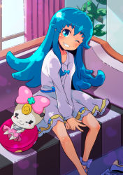Rule 34 | 10s, 1girl, blue eyes, blue hair, blush, bow, couch, creature, curtains, dress, full body, grin, happinesscharge precure!, highres, long hair, one eye closed, pink bow, precure, ribbon (happinesscharge precure!), shirayuki hime, shoes, sidelocks, sitting, skirt, smile, sw (taco), white dress, wink