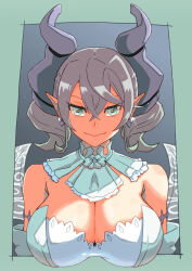 Rule 34 | 1girl, alternate eye color, armlet, bare shoulders, border, breasts, cleavage, demon horns, demon wings, detached collar, detached sleeves, dress, duel monster, green border, green eyes, grey hair, horns, large breasts, lovely labrynth of the silver castle, outside border, pointy ears, shibumi, solo, twintails, wings, yu-gi-oh!