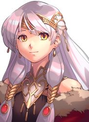 Rule 34 | 1girl, asagi (banzoku210), bare shoulders, black dress, circlet, coat, dress, earrings, fire emblem, fire emblem: radiant dawn, fire emblem cipher, fire emblem heroes, highres, jewelry, long hair, looking at viewer, micaiah (fire emblem), nintendo, portrait, silver hair, simple background, sleeveless, sleeveless dress, smile, solo, upper body, white background, yellow eyes
