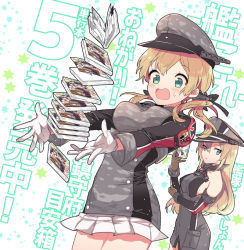 Rule 34 | 2girls, anchor hair ornament, aqua eyes, text background, bismarck (kancolle), blonde hair, blue eyes, brown gloves, commentary request, cross, gloves, hair ornament, hat, iron cross, kantai collection, long hair, low twintails, manga (object), microskirt, military, military hat, military uniform, multiple girls, open mouth, peaked cap, pleated skirt, prinz eugen (kancolle), skirt, solo focus, tane juu-gou, twintails, uniform, white gloves, white skirt