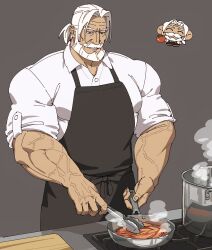Rule 34 | 1boy, apron, bara, beard, black apron, blue eyes, chibi, chibi inset, cooking, cowboy shot, dark-skinned male, dark skin, facial hair, food, frying pan, grey background, highres, holding, holding frying pan, jp (street fighter), kitchen, large pectorals, long hair, looking down, male focus, mature male, muscular, muscular male, mustache, old, old man, pasta, pectorals, sa1k0p, shirt, sleeves rolled up, smile, solo, steam, stove, street fighter, street fighter 6, thick eyebrows, thick mustache, tomato, white hair, white shirt