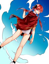 Rule 34 | 1girl, bad id, bad pixiv id, blue eyes, blue sky, cape, day, floating hair, from behind, from below, gintama, gradient sky, hair between eyes, hair bun, highres, kagura (gintama), long hair, looking at viewer, mutospectacle, red cape, red hair, single hair bun, sky, solo, twintails
