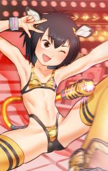 Rule 34 | 1girl, :d, animal ears, animal print, armpits, arms up, bikini, black hair, brown eyes, chinese zodiac, commentary, eyelashes, fake animal ears, fang, flat chest, hair between eyes, halftone, halftone background, highres, kaze fukeba nanashi, knee up, marvel, midriff, navel, one eye closed, open mouth, orange bikini, orange thighhighs, peni parker, reaching, reaching towards viewer, robot ears, salute, short hair, sitting, smile, solo, spider-man: into the spider-verse, spider-man (series), spider-verse, spread legs, swimsuit, tail, textless version, thighhighs, tiger ears, tiger print, v, v-shaped eyebrows, year of the tiger