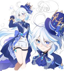 Rule 34 | &gt; &lt;, 1girl, ahoge, ascot, blue ascot, blue eyes, blue hair, blue headwear, blush, bubble, chibi, closed mouth, furina (genshin impact), genshin impact, gloves, hair between eyes, hat, highres, long hair, long sleeves, ming4, mismatched pupils, multicolored hair, multiple views, short shorts, shorts, simple background, tears, thigh strap, top hat, very long hair, white background, white gloves, white hair