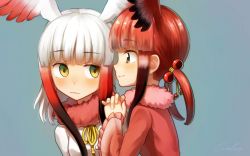 Rule 34 | 10s, 2girls, blunt bangs, blush, breasts, closed mouth, commentary request, ears visible through hair, gradient hair, green background, hair between eyes, hair ornament, head wings, holding, holding hands, japanese crested ibis (kemono friends), kemono friends, looking at another, looking at viewer, multicolored eyes, multicolored hair, multiple girls, red hair, scarlet ibis (kemono friends), smile, welt (kinsei koutenkyoku), wings